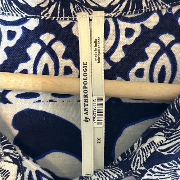 By Anthropologie Printed Linen Blend Buttondown Shirt Top Sz 2X Beach Nautical - Picture 6 of 14